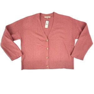 LOFT Cardigan Women Extra Large Pink V-Neck Button Front Ribbed Knit Sweater New